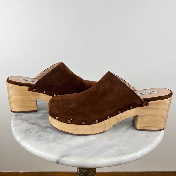 Steve Madden Studded Brown Suede Wood Block Heel Brooklyn Platform Clog (Sz 9.5) - Picture 3 of 12